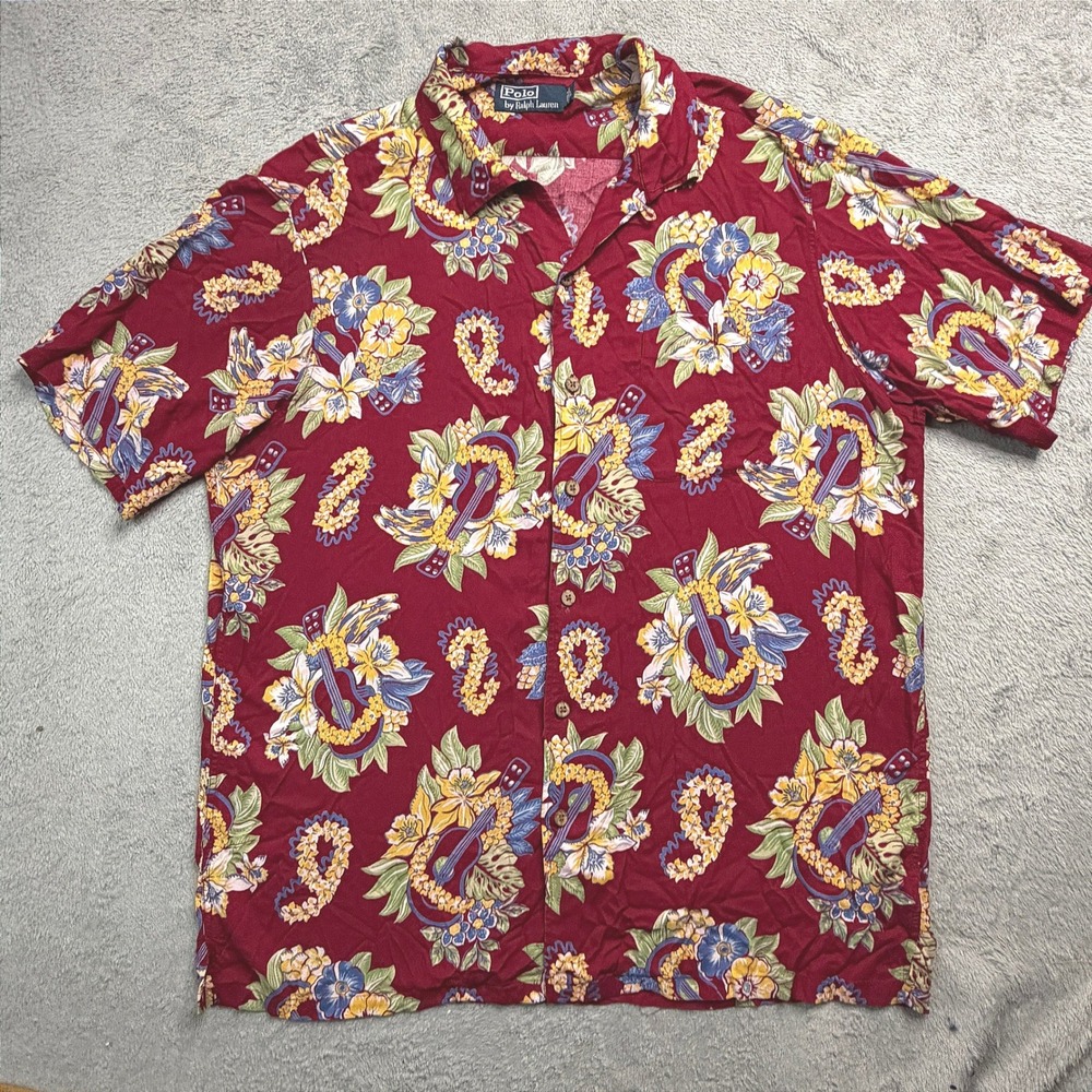 Vintage Polo Ralph Lauren Mens Large Hawaiian Floral Camp Shirt Burgundy Red